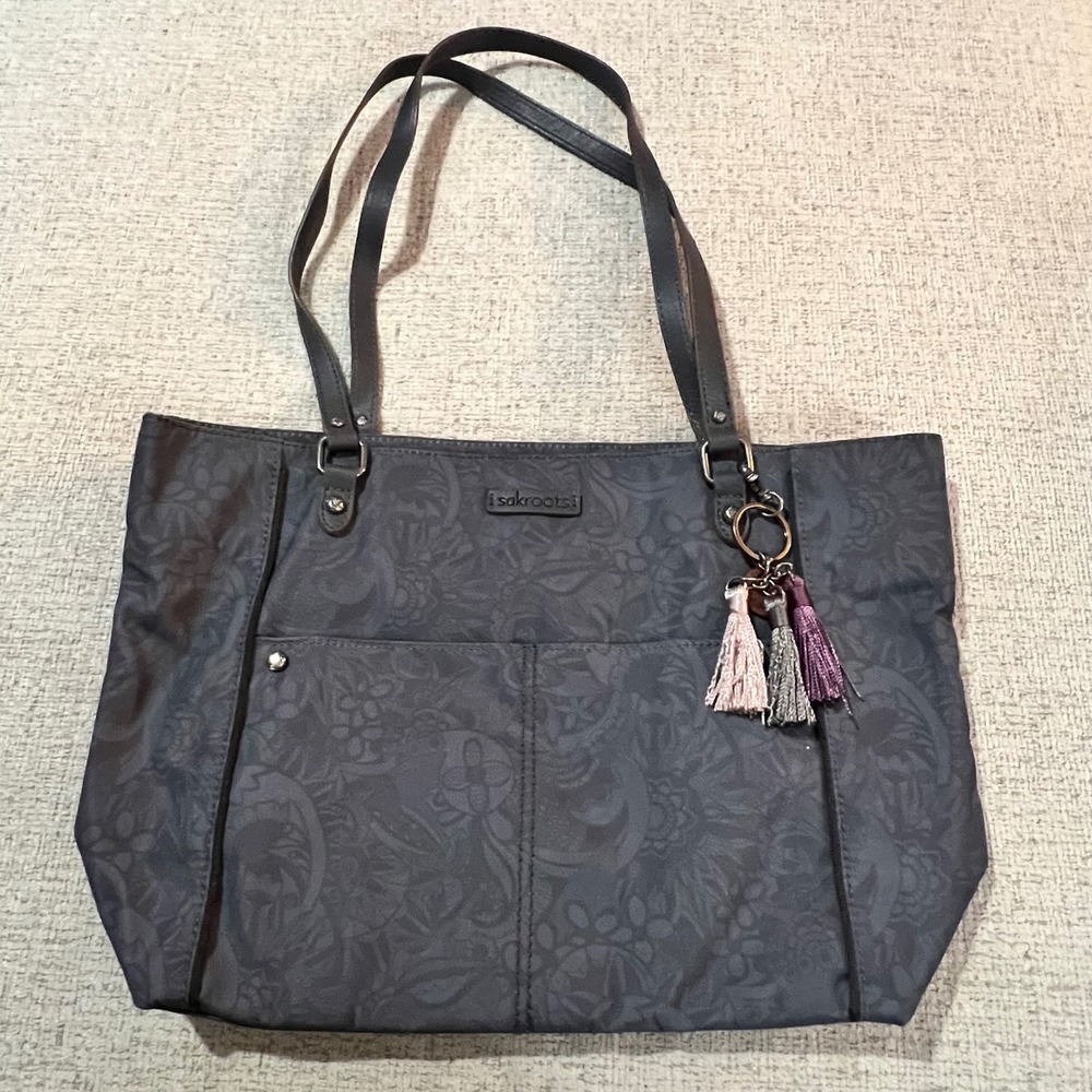 Sakroots Tote Bag Purse Floral Pattern Grey Leather Straps Tassel Charms